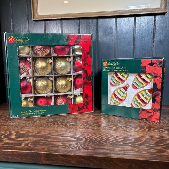 Vintage Glass Christmas Ornaments Red Gold Balls and Striped Pine Cones - Picture 1 of 12